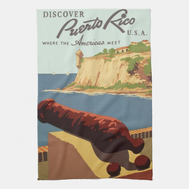Vintage Travel Poster Art, Entdecken Sie Puerto Ri Geschirrtuch (Vertikal)