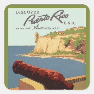 Vintage Travel Poster Art, Entdecken Sie Puerto Ri Quadratischer Aufkleber