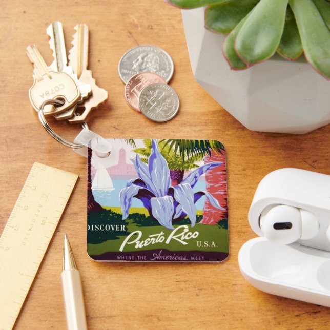 Vintage Travel Poster Art, Entdecken Sie Puerto Ri Schlüsselanhänger (Schreibtisch)
