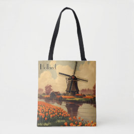 Vintage Travel Poster aus Holland, Tulpen und Mühl