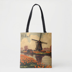 Vintage Travel Poster aus Holland, Tulpen und Mühl