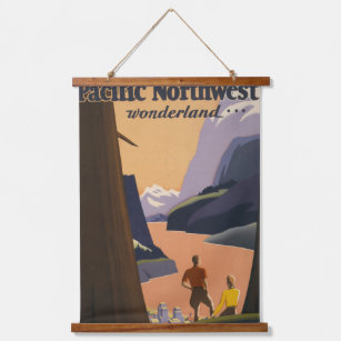 Vintage Travel Poster Ausblick auf die Berge Wandteppich Mit Holzrahmen