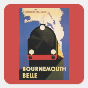 Vintage Travel Poster, Bournemouth Belle Train Quadratischer Aufkleber