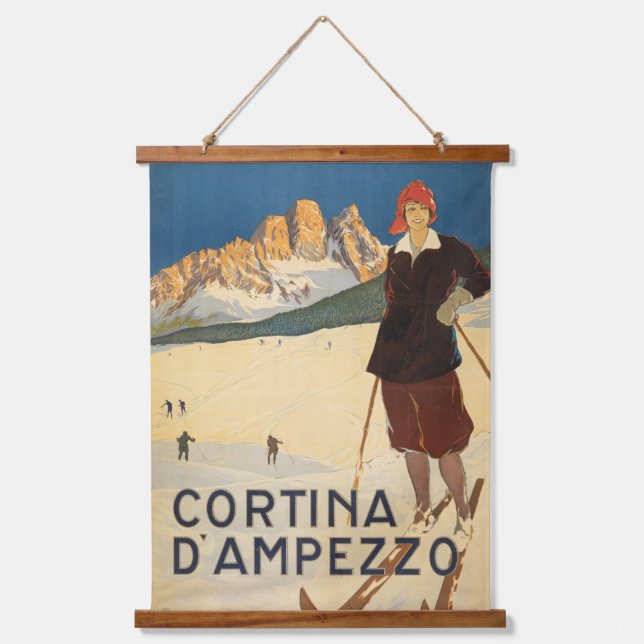 Vintage Travel Poster Cortina d'ampezzo, Italien Wandteppich Mit Holzrahmen (Vorderseite)