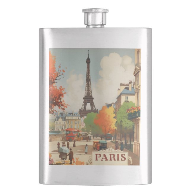 Vintage Travel Poster des Pariser Eifelturms Flachmann (Vorderseite)