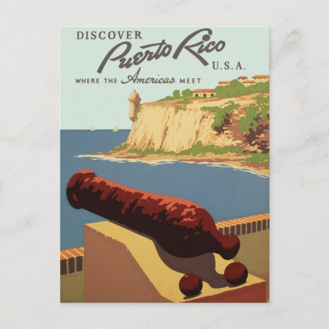 Vintage Travel Poster, Entdecken Sie Puerto Rico! Postkarte (Vorderseite)