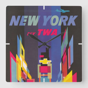 Vintage Travel Poster, Fly Twa, New York Quadratische Wanduhr