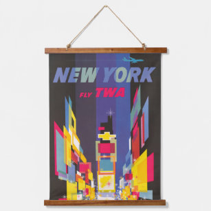 Vintage Travel Poster, Fly Twa, New York Wandteppich Mit Holzrahmen
