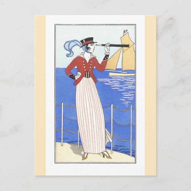 Vintage Travel Poster Frau auf See Postkarte (Vorderseite)