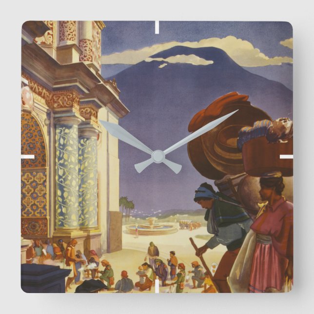 Vintage Travel Poster für Guatemala Quadratische Wanduhr (Vorderseite)