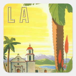 Vintage Travel Poster, Los Angeles, Kalifornien Quadratischer Aufkleber