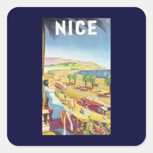 Vintage Travel Poster, Nizza, Côte d'Azur Quadratischer Aufkleber