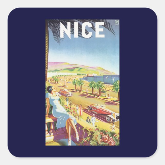 Vintage Travel Poster, Nizza, Côte d'Azur Quadratischer Aufkleber (Vorderseite)