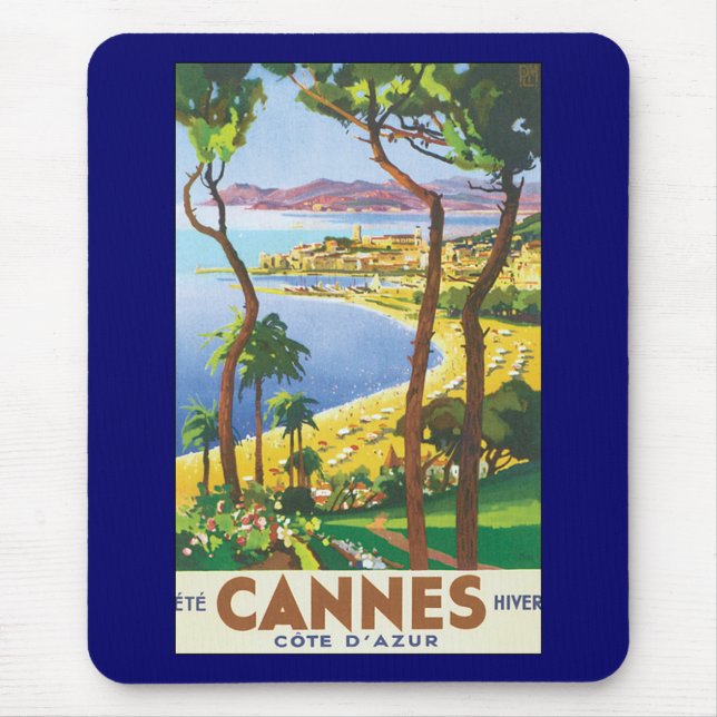 Vintage Travel Poster, Strand in Cannes, Frankreic Mousepad (Vorne)