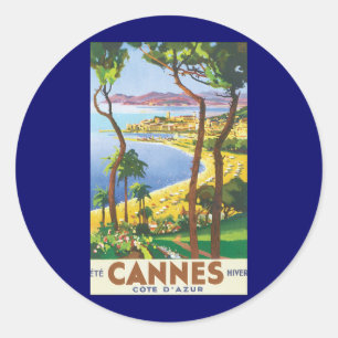 Vintage Travel Poster, Strand in Cannes, Frankreic Runder Aufkleber