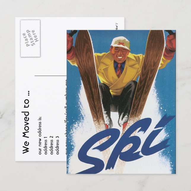 Vintage Travel, Ski Ski Ski Snow, Adresswechsel Ankündigungspostkarte (Vorne/Hinten)