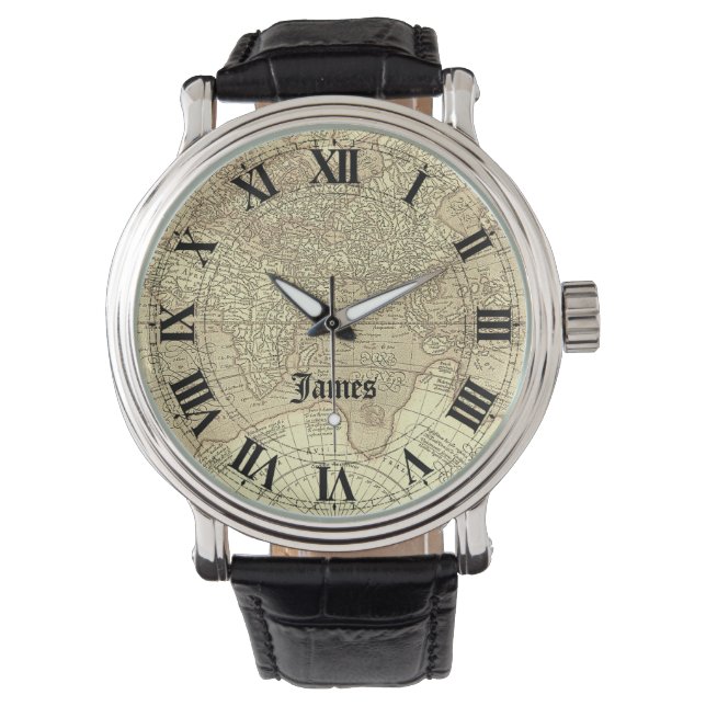 Vintage Travel Theme Weltkarte mit Ihrem Namen Armbanduhr (Vorderseite)