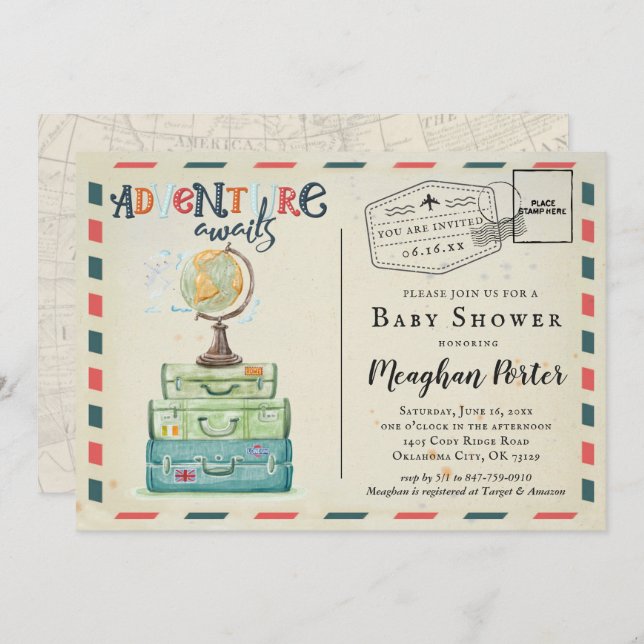 Vintage Travel Themed Baby Dusche Einladung (Vorne/Hinten)
