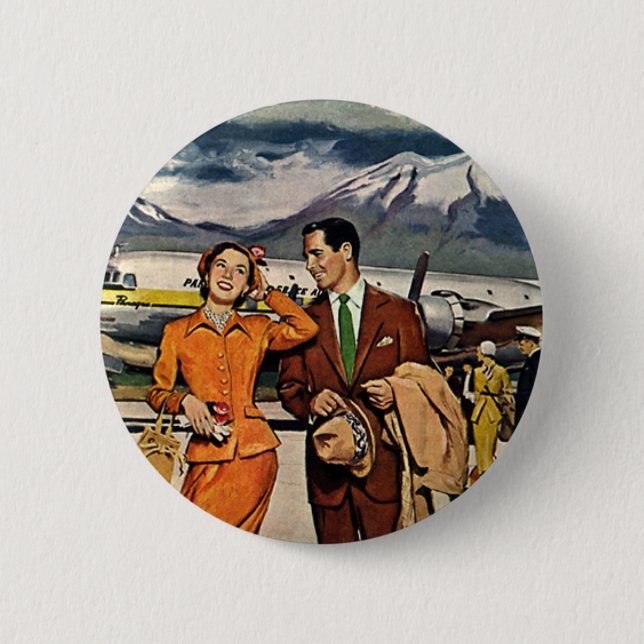 Vintage Travel, Touristen am Flughafen Panagra Tar Button (Vorderseite)