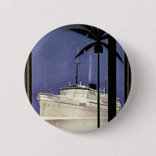 Vintage Travel Tropical Cruise Ship and Palm Trees Button