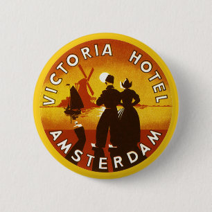 Vintage Travel, Victoria Hotel, Amsterdam, Holland Button