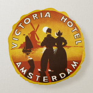 Vintage Travel, Victoria Hotel, Amsterdam, Holland Rundes Kissen