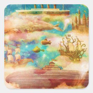 Vintage Travel World Sky Blaue Ozeanwale Quadratischer Aufkleber