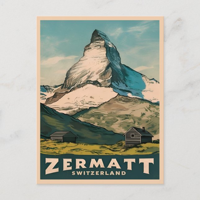 Vintage Travel Zermatt Switzerland Retro Landschaf Postkarte (Vorderseite)