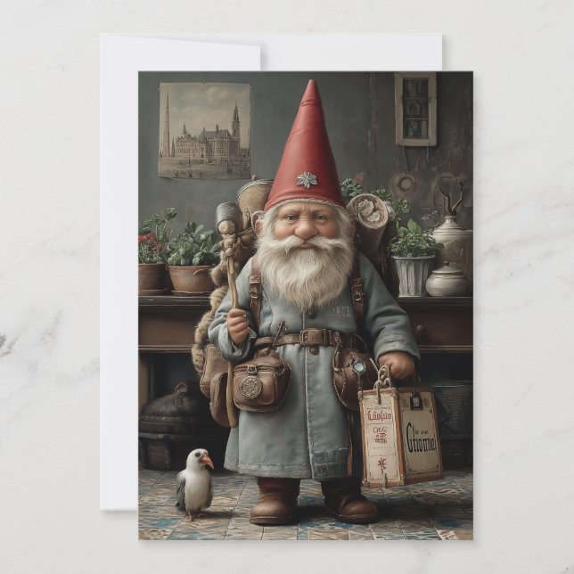Vintage Traveler Christmas Gnome Feiertagskarte (Vorderseite)
