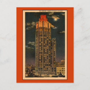 Vintage Tribune Tower bei Nacht Chicago Postkarte
