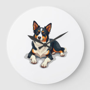 Vintage Tricolor Border Collie Portrait Hund Illus Große Wanduhr