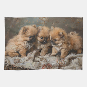 Vintage-Trio von Pomeranian-Welpen Geschirrtuch