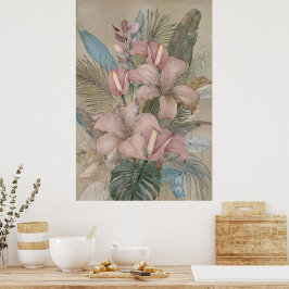 Vintage Tropical Leaves and Flowers Poster