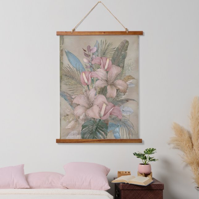 Vintage Tropical Leaves and Flowers Wandteppich Mit Holzrahmen (Schlafzimmer)