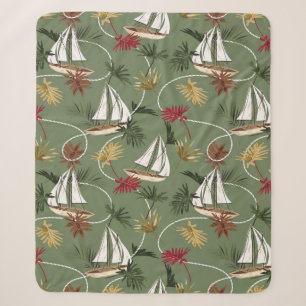 Vintage tropical leaves, boat, and sailor rope sea sherpadecke
