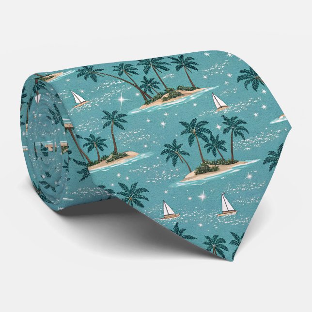 Vintage Tropical Palm Trees and Sail Boats Krawatte (Gerollt)