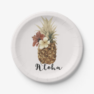 Vintage-Tropische Ananas Hibiskus Blumen Aloha Pappteller