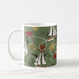 Vintage tropische Blätter, Boot- und Segelseilsee Kaffeetasse