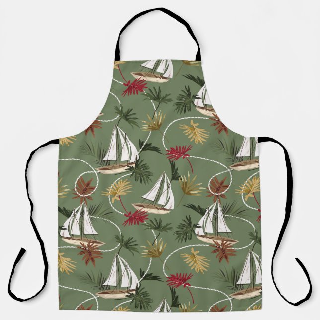 Vintage tropische Blätter, Boot- und Segelseilsee Schürze (Vorderseite)