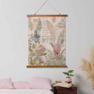 Vintage tropische Blätter und Maui Protea Wandteppich Mit Holzrahmen