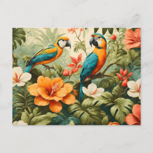 Vintage tropische Blumen, Pflanzen und Papageien Postkarte