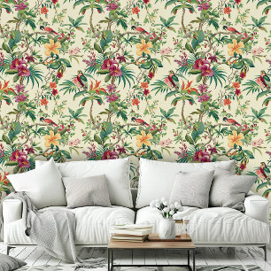 Vintage-Tropische Blumen Vögel Rosa Grüne Muster Tapete