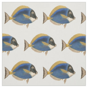 Vintage-Tropische-Fischzeichnung Blau Gold Stoff
