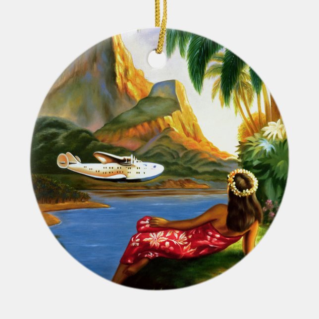 Vintage tropische hawaiische SeeFlugzeug-Palme Keramikornament (Vorne)