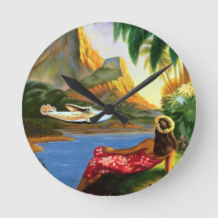 Vintage tropische hawaiische SeeFlugzeug-Palme Runde Wanduhr