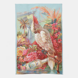 Vintage tropische Kakadu- und Rosen-Botanikkunst Geschirrtuch