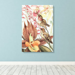Vintage tropische Orchideen, Blumen und Kolibris Leinwanddruck