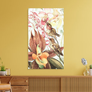 Vintage tropische Orchideen, Blumen und Kolibris Leinwanddruck