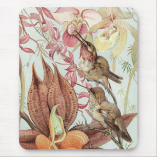 Vintage tropische Orchideen, Blumen und Kolibris Mousepad