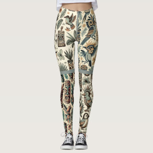 Vintage tropische Tiki-Masken und graugrüne Vögel Leggings